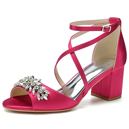GHSIRUEU Damen Sandalen Peep Zehen Blockabsatz Kreuz Riemchen Sommer Partei Hochzeit Abendschuhe mit Strass,Fuchsia,36 EU von GHSIRUEU