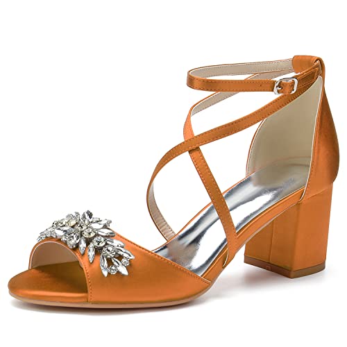 GHSIRUEU Damen Sandalen Peep Zehen Blockabsatz Kreuz Riemchen Sommer Partei Hochzeit Abendschuhe mit Strass,Orange,39 EU von GHSIRUEU