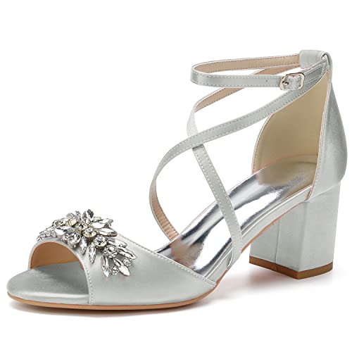 GHSIRUEU Damen Sandalen Peep Zehen Blockabsatz Kreuz Riemchen Sommer Partei Hochzeit Abendschuhe mit Strass,Silber,36 EU von GHSIRUEU