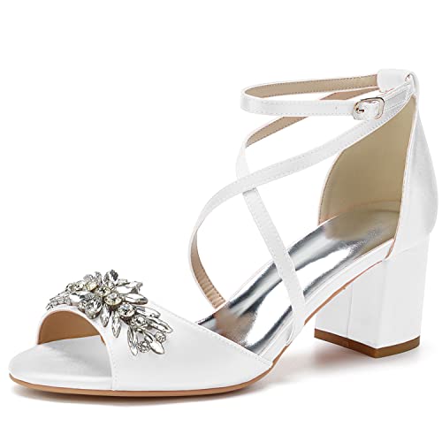 GHSIRUEU Damen Sandalen Peep Zehen Blockabsatz Kreuz Riemchen Sommer Partei Hochzeit Abendschuhe mit Strass,Weiß,41 EU GHSIRUEU Damen Sandalen Peep Zehen Blockabsatz Kreuz Riemchen Sommer Partei Hochzeit Abendschuhe mit Strass,Weiß,41 EU von GHSIRUEU