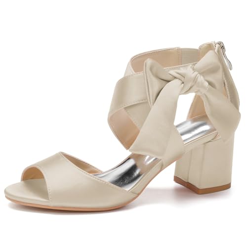 GHSIRUEU Damen Sandaletten Knöchelriemen Offener Zeh Sommerschuhe mit Blockabsatz Hochzeit Brautjungfernschuhe,Champagne,38 EU von GHSIRUEU