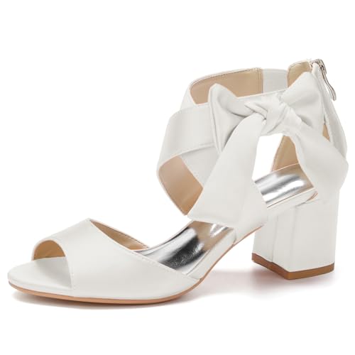 GHSIRUEU Damen Sandaletten Knöchelriemen Offener Zeh Sommerschuhe mit Blockabsatz Hochzeit Brautjungfernschuhe,Elfenbein,40 EU von GHSIRUEU
