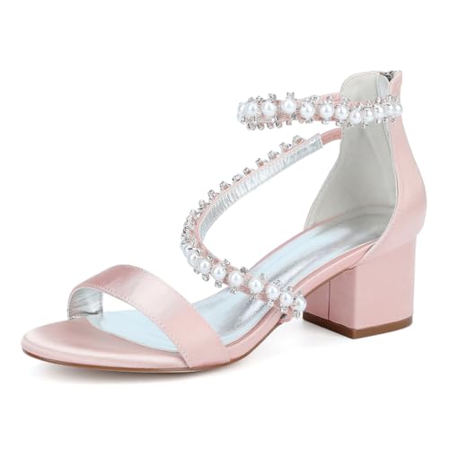 GHSIRUEU Damen Sandaletten Offene Zehen Perle Knöchelriemen Sommerschuhe mit Blockabsatz und Reißverschluss,Dusty Rose,39 EU von GHSIRUEU