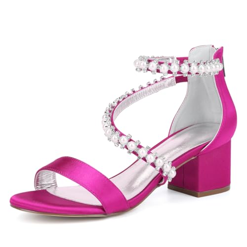 GHSIRUEU Damen Sandaletten Offene Zehen Perle Knöchelriemen Sommerschuhe mit Blockabsatz und Reißverschluss,Fuchsia,36 EU von GHSIRUEU