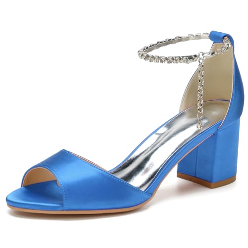 GHSIRUEU Damen Sandaletten Peep Zehen Kristall Ketten Knöchelriemen Sommerschuhe mit Blockabsatz Hochzeit Brautjungfernschuhe,Blau,42 EU von GHSIRUEU