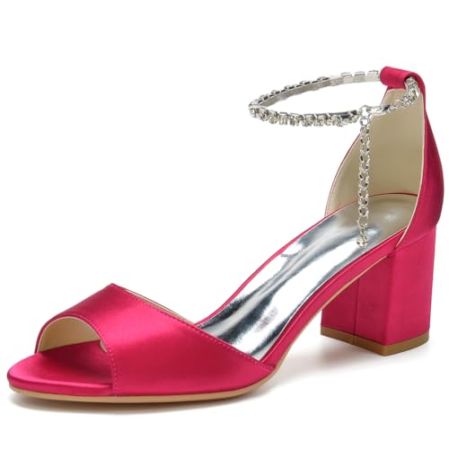 GHSIRUEU Damen Sandaletten Peep Zehen Kristall Ketten Knöchelriemen Sommerschuhe mit Blockabsatz Hochzeit Brautjungfernschuhe,Fuchsia,41 EU von GHSIRUEU