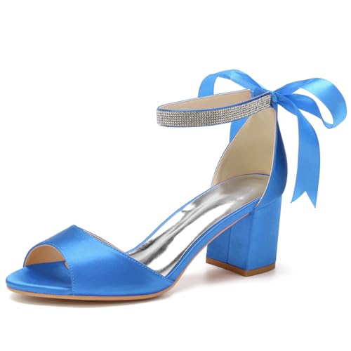 GHSIRUEU Damen Sandaletten mit Band Krawatte Peep Zehen Absatzschuhe Sommerschuhe Blockabsatz 6CM,Blau,42 EU von GHSIRUEU