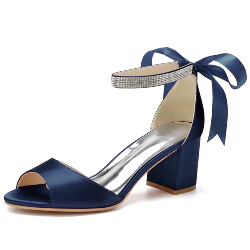 GHSIRUEU Damen Sandaletten mit Band Krawatte Peep Zehen Absatzschuhe Sommerschuhe Blockabsatz 6CM,Marine,36 EU von GHSIRUEU
