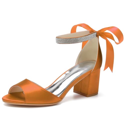 GHSIRUEU Damen Sandaletten mit Band Krawatte Peep Zehen Absatzschuhe Sommerschuhe Blockabsatz 6CM,Orange,35 EU von GHSIRUEU