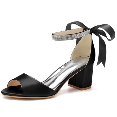 GHSIRUEU Damen Sandaletten mit Band Krawatte Peep Zehen Absatzschuhe Sommerschuhe Blockabsatz 6CM,Schwarz,40 EU von GHSIRUEU