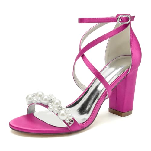 GHSIRUEU Damen Sandaletten mit Blockabsatz Kreuz Riemchen Offener Zehen Absatzschuhe Sommer Riemchensandalen mit Perle,Fuchsia,43 EU von GHSIRUEU