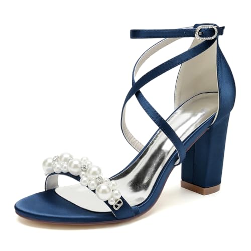 GHSIRUEU Damen Sandaletten mit Blockabsatz Kreuz Riemchen Offener Zehen Absatzschuhe Sommer Riemchensandalen mit Perle,Marine,39 EU von GHSIRUEU