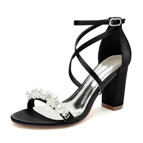GHSIRUEU Damen Sandaletten mit Blockabsatz Kreuz Riemchen Offener Zehen Absatzschuhe Sommer Riemchensandalen mit Perle,Schwarz,39 EU von GHSIRUEU