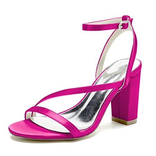 GHSIRUEU Damen Sandaletten mit Blockabsatz Offener Zeh Sommer Satin Riemchensandalen für Hochzeit Partei,Fuchsia,36 EU von GHSIRUEU