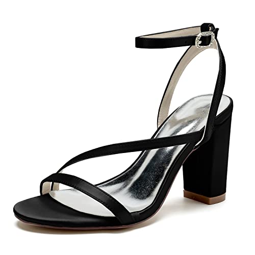 GHSIRUEU Damen Sandaletten mit Blockabsatz Offener Zeh Sommer Satin Riemchensandalen für Hochzeit Partei,Schwarz,41 EU von GHSIRUEU
