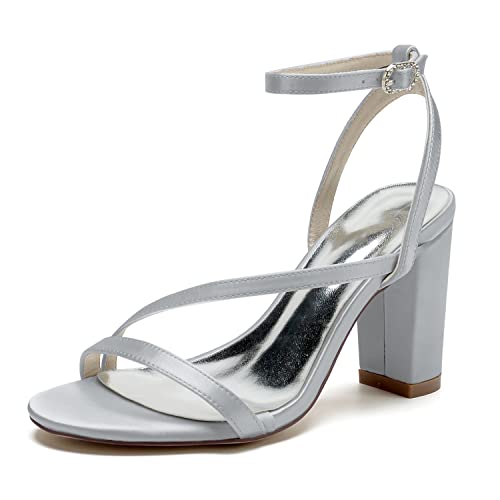 GHSIRUEU Damen Sandaletten mit Blockabsatz Offener Zeh Sommer Satin Riemchensandalen für Hochzeit Partei,Silber,43 EU von GHSIRUEU