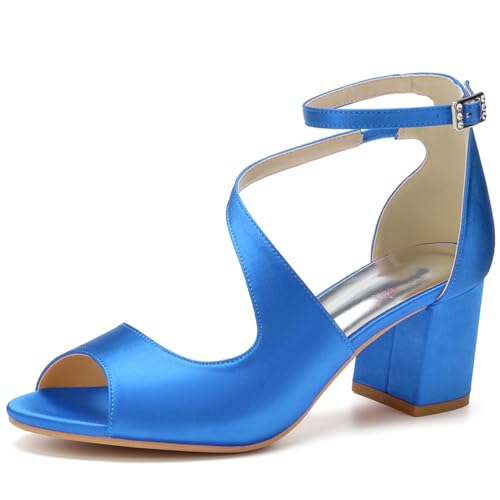 GHSIRUEU Damen Sandaletten mit Riemchen Blockabsatz Peep Zehen Knöchelriemen Absatzschuhe Sommerschuhe,Blau,43 EU von GHSIRUEU