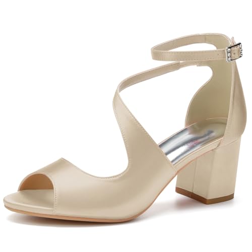 GHSIRUEU Damen Sandaletten mit Riemchen Blockabsatz Peep Zehen Knöchelriemen Absatzschuhe Sommerschuhe,Champagne,37 EU von GHSIRUEU