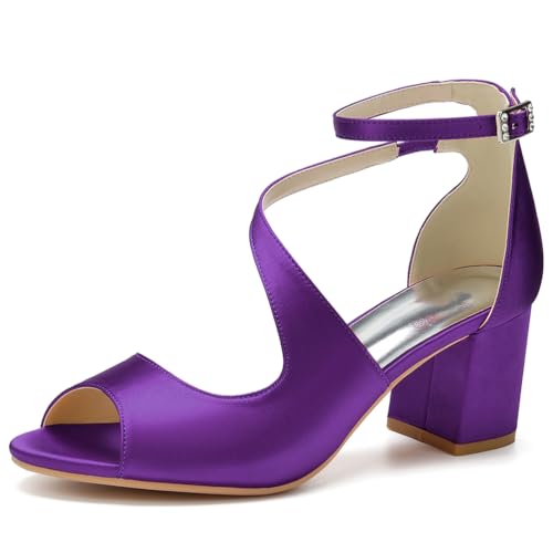 GHSIRUEU Damen Sandaletten mit Riemchen Blockabsatz Peep Zehen Knöchelriemen Absatzschuhe Sommerschuhe,Dark Purple,41 EU von GHSIRUEU
