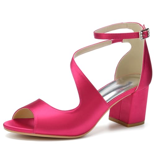 GHSIRUEU Damen Sandaletten mit Riemchen Blockabsatz Peep Zehen Knöchelriemen Absatzschuhe Sommerschuhe,Fuchsia,39 EU von GHSIRUEU
