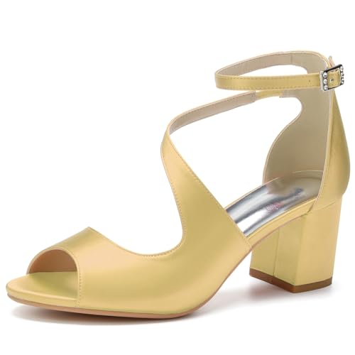 GHSIRUEU Damen Sandaletten mit Riemchen Blockabsatz Peep Zehen Knöchelriemen Absatzschuhe Sommerschuhe,Gold,37 EU von GHSIRUEU