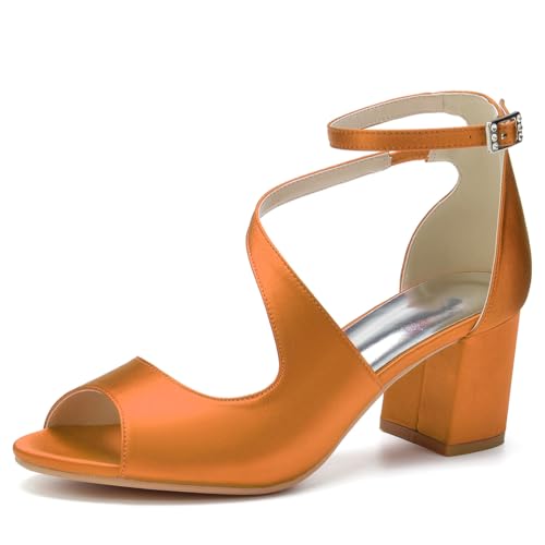 GHSIRUEU Damen Sandaletten mit Riemchen Blockabsatz Peep Zehen Knöchelriemen Absatzschuhe Sommerschuhe,Orange,35 EU von GHSIRUEU