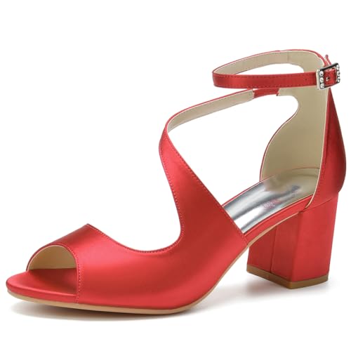 GHSIRUEU Damen Sandaletten mit Riemchen Blockabsatz Peep Zehen Knöchelriemen Absatzschuhe Sommerschuhe,Rot,43 EU von GHSIRUEU