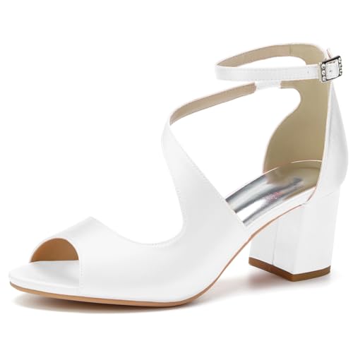 GHSIRUEU Damen Sandaletten mit Riemchen Blockabsatz Peep Zehen Knöchelriemen Absatzschuhe Sommerschuhe,Weiß,40 EU von GHSIRUEU