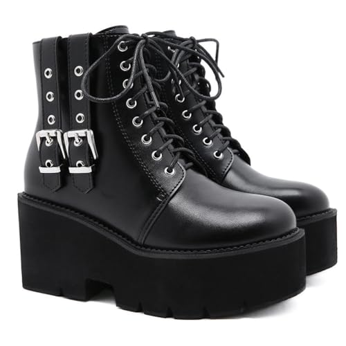 GHSIRUEU Damen Schnürschuhe Gothic Stiefeletten Plateau Blockabsatz Punk Stiefel Mit Schnalle,Schwarz,40 EU GHSIRUEU Damen Schnürschuhe Gothic Stiefeletten Plateau Blockabsatz Punk Stiefel Mit Schnalle,Schwarz,40 EU von GHSIRUEU