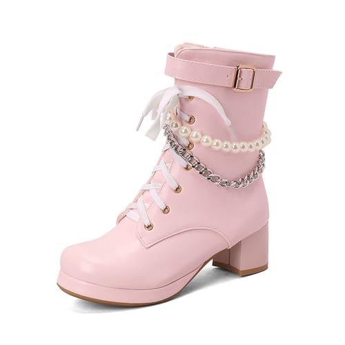 GHSIRUEU Damen Schnürstiefel Bequeme Gefüttert Blockabsatz Springerstiefel Mit Reißverschluss Und Perlenkette,Rosa,38 EU von GHSIRUEU