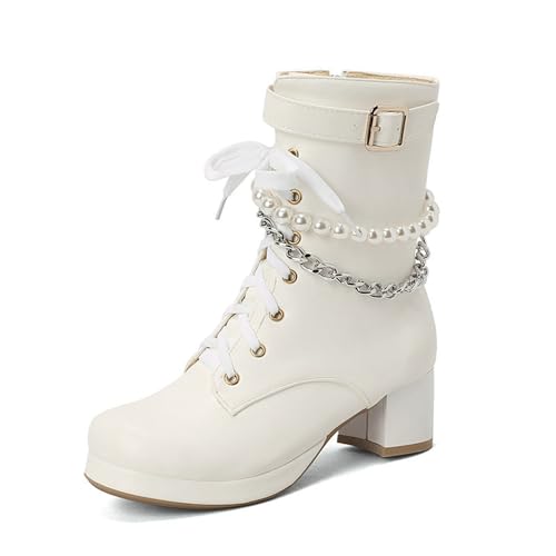 GHSIRUEU Damen Schnürstiefel Bequeme Gefüttert Blockabsatz Springerstiefel Mit Reißverschluss Und Perlenkette,Weiß,43 EU von GHSIRUEU