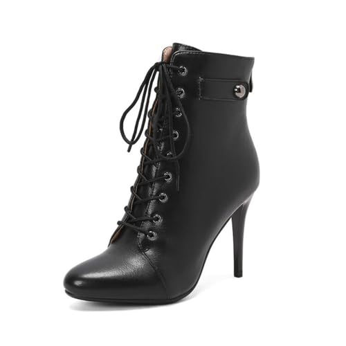 GHSIRUEU Damen Schnürstiefelette mit Spitzschuh Stöckel Absatz Leicht Gefüttert Klassischer Reitstiefel mit Reißverschluss,Schwarz,38 EU von GHSIRUEU