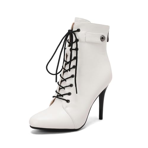 GHSIRUEU Damen Schnürstiefelette mit Spitzschuh Stöckel Absatz Leicht Gefüttert Klassischer Reitstiefel mit Reißverschluss,Weiß,40 EU von GHSIRUEU