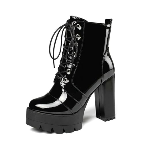 GHSIRUEU Damen Schwarz Lackleder Stiefel Blockabsatz Plateau Stiefeletten Wasserdicht Klassische Schnüren Springerstiefel,Schwarz,41 EU von GHSIRUEU