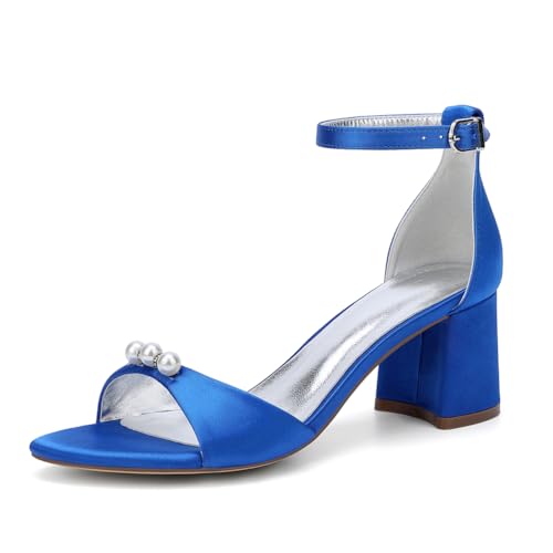 GHSIRUEU Damen Sommerschuhe mit Absatz Offener Zeh Knöchelriemen Blockabsatz Schuhe Partei Abendschuhe mit Perle,Blau,42 EU von GHSIRUEU