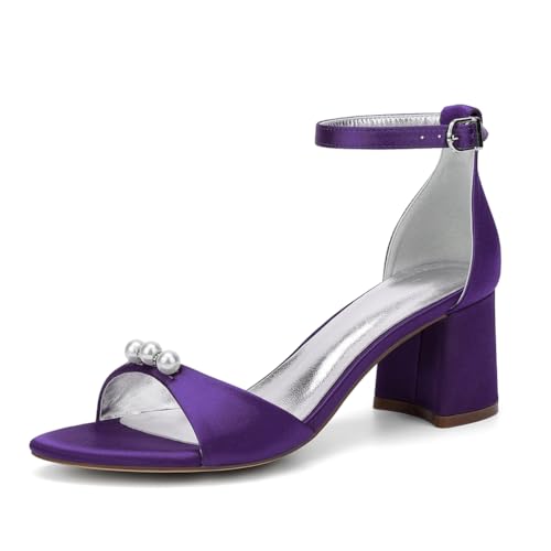 GHSIRUEU Damen Sommerschuhe mit Absatz Offener Zeh Knöchelriemen Blockabsatz Schuhe Partei Abendschuhe mit Perle,Dull Purple,38 EU von GHSIRUEU