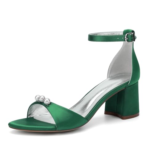 GHSIRUEU Damen Sommerschuhe mit Absatz Offener Zeh Knöchelriemen Blockabsatz Schuhe Partei Abendschuhe mit Perle,Grün,40 EU von GHSIRUEU