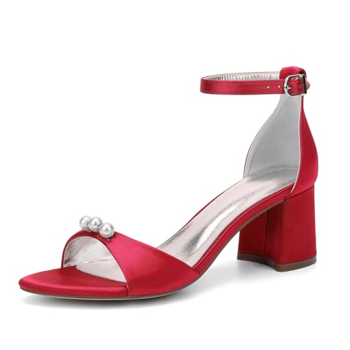 GHSIRUEU Damen Sommerschuhe mit Absatz Offener Zeh Knöchelriemen Blockabsatz Schuhe Partei Abendschuhe mit Perle,Rot,38 EU von GHSIRUEU