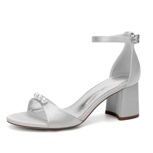 GHSIRUEU Damen Sommerschuhe mit Absatz Offener Zeh Knöchelriemen Blockabsatz Schuhe Partei Abendschuhe mit Perle,Silber,40 EU von GHSIRUEU