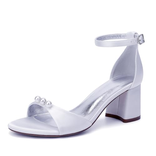 GHSIRUEU Damen Sommerschuhe mit Absatz Offener Zeh Knöchelriemen Blockabsatz Schuhe Partei Abendschuhe mit Perle,Weiß,38 EU von GHSIRUEU