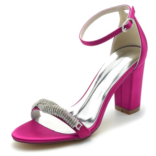 GHSIRUEU Damen Sommerschuhe mit Strass Offener Zeh Knöchelriemen Blockabsatz Schuhe Partei Abendschuhe,Fuchsia,41 EU von GHSIRUEU
