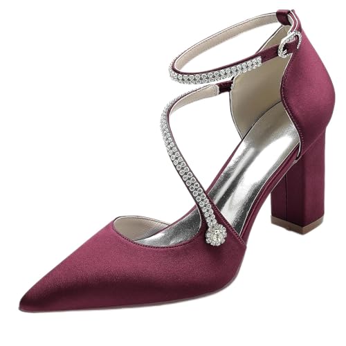 GHSIRUEU Damen Spitze Zehen Blockabsatz Strass Knöchelriemen Klassisch Hochzeit Brautjungfernschuhe,Burgundy,40 EU von GHSIRUEU