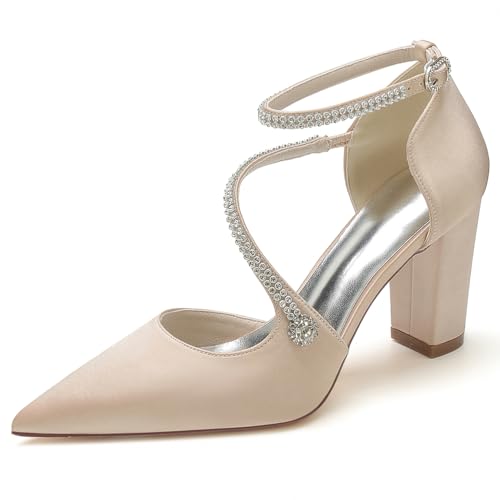 GHSIRUEU Damen Spitze Zehen Blockabsatz Strass Knöchelriemen Klassisch Hochzeit Brautjungfernschuhe,Champagne,42 EU GHSIRUEU Damen Spitze Zehen Blockabsatz Strass Knöchelriemen Klassisch Hochzeit Brautjungfernschuhe,Champagne,42 EU von GHSIRUEU