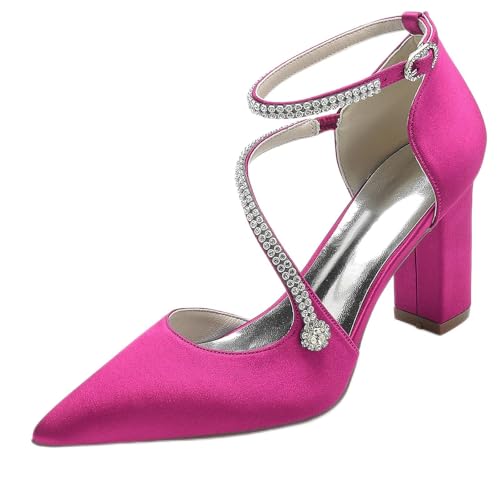 GHSIRUEU Damen Spitze Zehen Blockabsatz Strass Knöchelriemen Klassisch Hochzeit Brautjungfernschuhe,Fuchsia,39 EU von GHSIRUEU