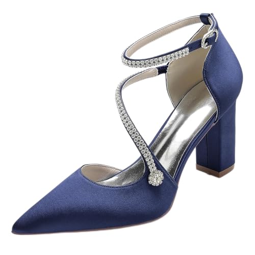 GHSIRUEU Damen Spitze Zehen Blockabsatz Strass Knöchelriemen Klassisch Hochzeit Brautjungfernschuhe,Marine,42 EU von GHSIRUEU