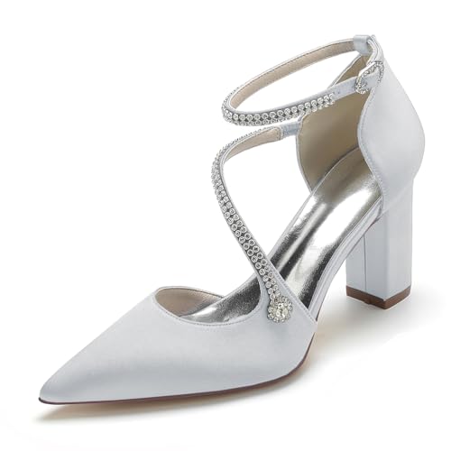 GHSIRUEU Damen Spitze Zehen Blockabsatz Strass Knöchelriemen Klassisch Hochzeit Brautjungfernschuhe,Silber,39 EU von GHSIRUEU