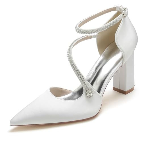GHSIRUEU Damen Spitze Zehen Blockabsatz Strass Knöchelriemen Klassisch Hochzeit Brautjungfernschuhe,Weiß,39 EU von GHSIRUEU