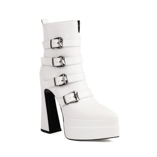 GHSIRUEU Damen Spitze Zehen Stiefel Blockabsatz Plateau Stiefeletten Combat Stiefel mit Reißverschluss und Schnalle,Weiß,38 EU GHSIRUEU Damen Spitze Zehen Stiefel Blockabsatz Plateau Stiefeletten Combat Stiefel mit Reißverschluss und Schnalle,Weiß,38 EU von GHSIRUEU