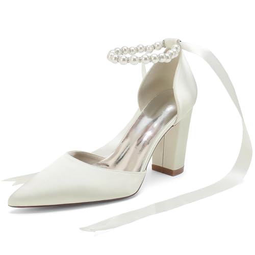 GHSIRUEU Damen Spitzschuh Absatzschuhe 8.5cm Blockabsatz Perle Band Krawatte Bequem Hochzeit Brautschuhe,Elfenbein,43 EU von GHSIRUEU
