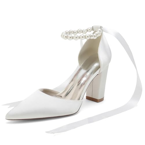 GHSIRUEU Damen Spitzschuh Absatzschuhe 8.5cm Blockabsatz Perle Band Krawatte Bequem Hochzeit Brautschuhe,Weiß,40 EU von GHSIRUEU
